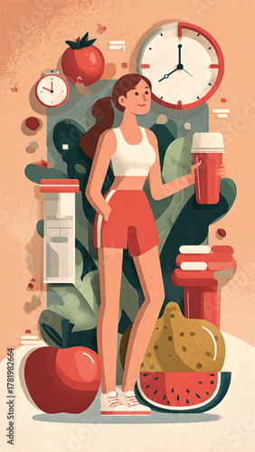 Healthy Lifestyle Concept Woman Holding Supplement Bottle Amidst Fruits, Vegetables, and Time Symbols