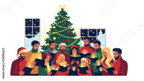 Christmas Carols: A festive group gathers together around a decorated Christmas tree, singing carols. illuminated by candles, embodies the warmth and cheer of the holiday spirit.