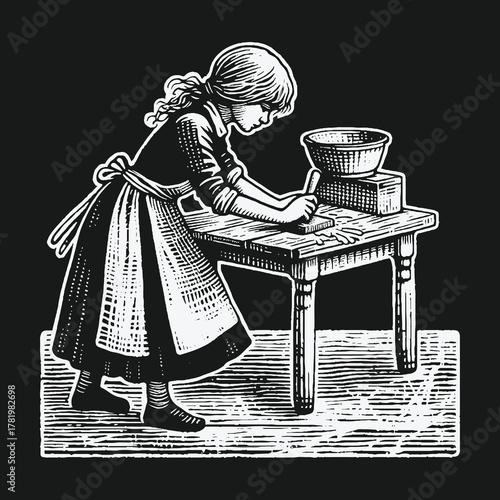 Vintage woodcut style illustration of a young girl baking at a table.