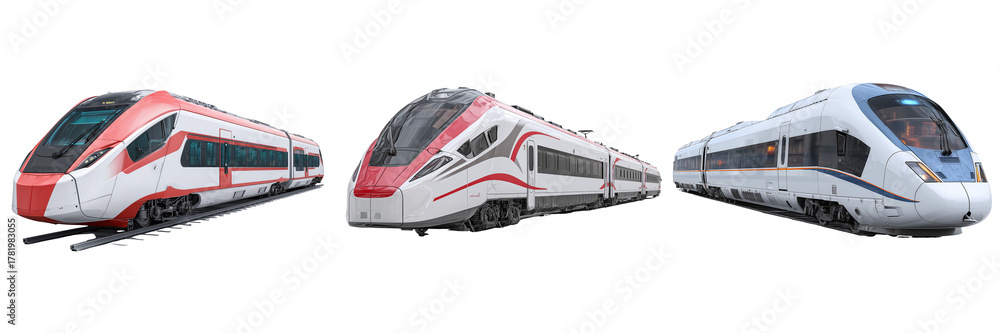 Fototapeta premium Set of Red high-speed train, modern exterior on transparent png background. Ai generated