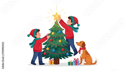 Festive Joy: Children and a dog share in the merriment of decorating a Christmas tree, creating a scene of warmth and holiday cheer.
