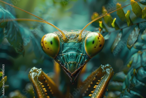 Praying mantis camouflaged in foliage.