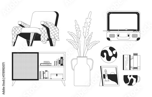 Cozy mid-century room furniture and decor 2D line objects set. Wooden armchair blanket, retro suitcase turntable isolated cliparts vector ink outline items. Monochrome spot illustrations collection