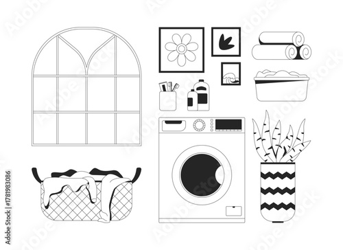 Laundry room essentials 2D line objects set. Washing machine, window, detergent, hamper, basin, wall art, towels isolated cliparts vector ink outline items. Monochrome spot illustrations collection