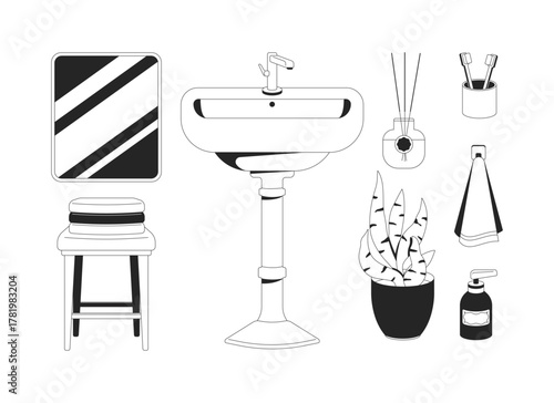 Bathroom decor and toiletries 2D line objects set. Sink, mirror, towel, snake plant, soap dispenser, toothbrushes isolated cliparts vector ink outline items. Monochrome spot illustrations collection