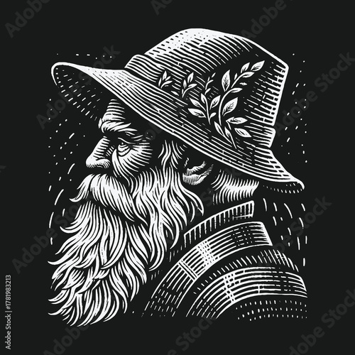 Vintage woodcut illustration of a wise bearded man in a hat.