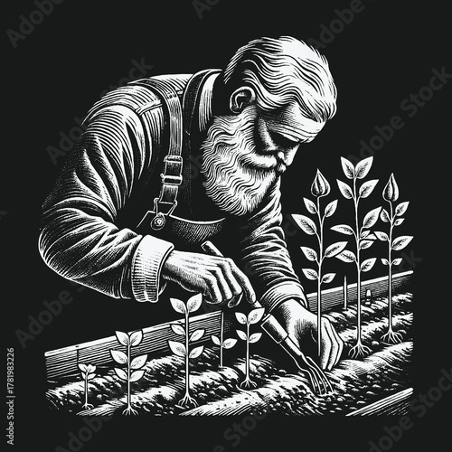 Monochrome woodcut style illustration of an old farmer planting seedlings.