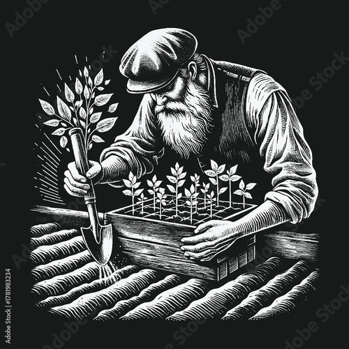 An old man with a long beard carefully plants saplings in a garden.