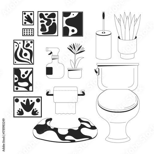 Cozy eclectic toilet decor 2D line objects set. Spray bottle, paper roll, flowerpots, wall art. Bathroom toiletries isolated cliparts vector ink outline items. Monochrome spot illustrations collection