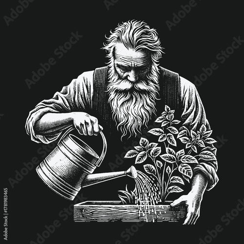 Monochrome illustration of an elderly man with a long beard watering a plant.