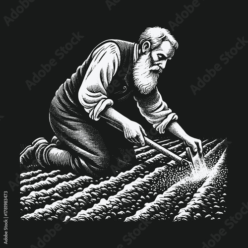 Wise old farmer with a long beard sowing seeds of light in a field.