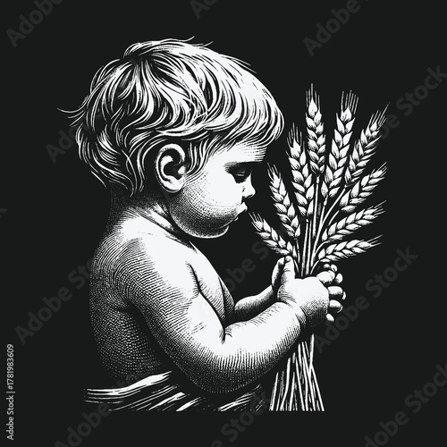 Vintage engraving style illustration of a young child holding wheat.