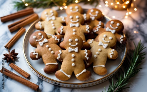 Gingerbread Man cookies presented on plate. Gingerbread Cookies decorated with frosting, icing. Christmas cookie.	
