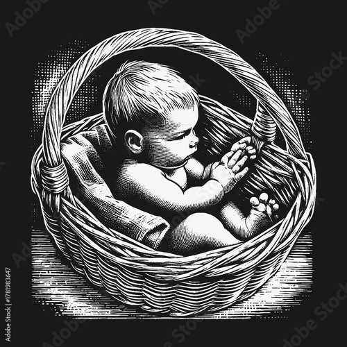 Classic Woodcut Style Portrait of a Newborn in a Basket.