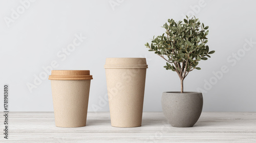 Eco friendly coffee cup and plant on wooden table