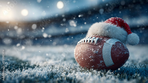 A ball with a Santa hat on it. The ball is lying on a snow-covered lawn, and snow is falling around it, creating a winter holiday and sports atmosphere.