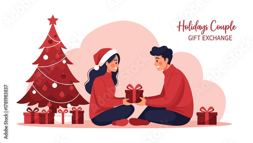 Gift Exchange Between the Couple:  A heart warming Illustration of a couple's gift exchange during the holidays, filled with affection and joy under a beautifully decorated tree.
