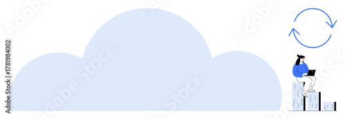 Person with a laptop sitting on stacked files next to cloud shape and sync arrows. Ideal for technology, cloud storage, data management, remote work, digital workflow, synchronization, simple flat