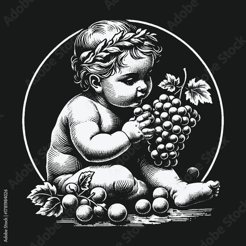 Vintage Engraving of a Putto with Laurel Wreath and Grapes.
