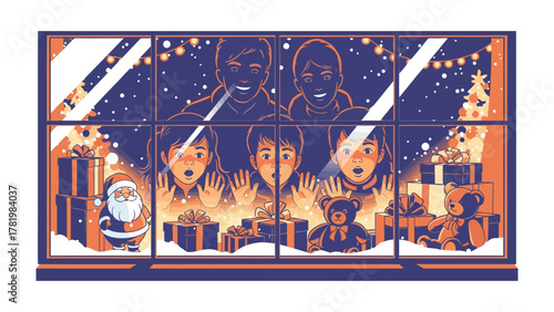 Holiday Eve Glimpse: Through the frosty pane, a festive scene unfolds with anticipation as figures peer out at the joyous tableau of gifts and cheer.