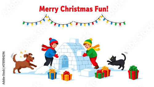 Joyful Winter Frolic: Two children gleefully build an igloo, a festive display of Christmas spirit enhanced by playful pets and colorful gifts. Evoking a sense of warmth, wonder.