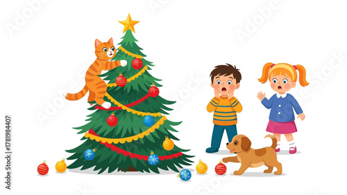 A Curious Christmas: Playful kids and their pets gather around a beautifully adorned Christmas tree, creating a whimsical holiday scene filled with wonder and enchantment.
