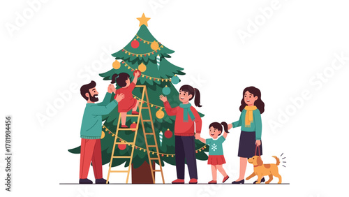 Festive Family Moment: A warm, colorful illustration captures the joy of a family gathered, adorning a Christmas tree, creating a scene of holiday cheer and togetherness.