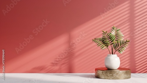 Red platform room with a 3D podium, shadowed wall and golden accents for luxury displays.