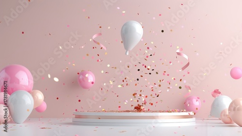 Award platform with abstract confetti and ribbons.