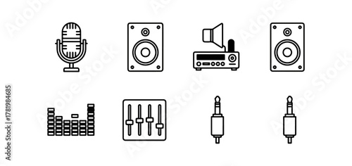 Audio equipment icons on black background