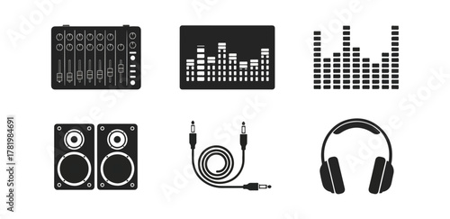 Audio equipment icons set on black background