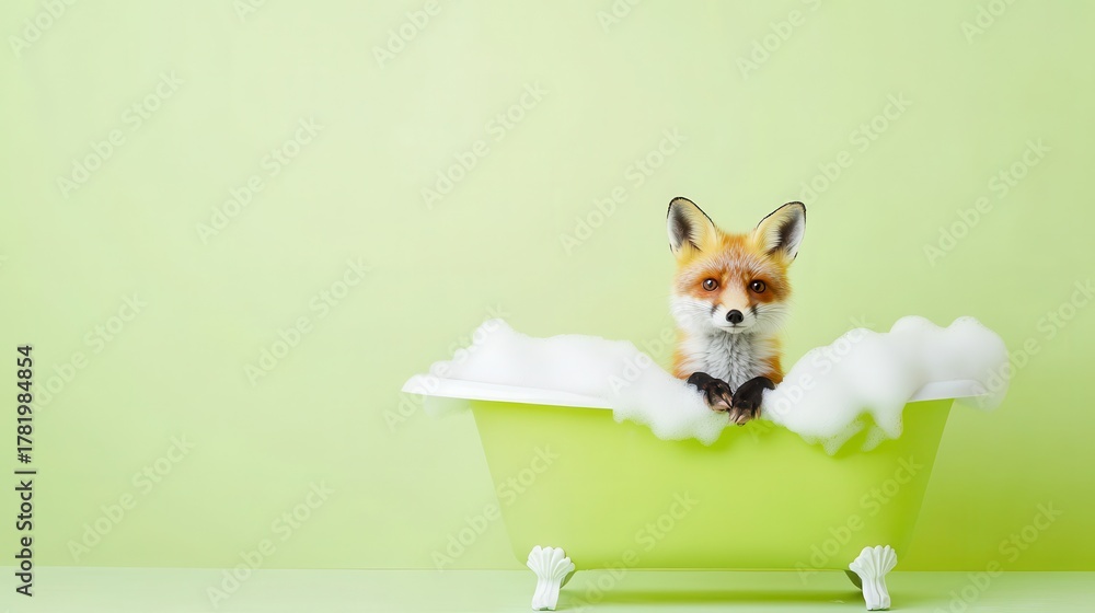Obraz premium Adorable fox lounging in a soap-filled bathtub on light green background