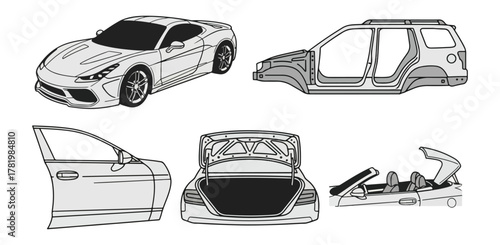 Automobile illustrations car body components and design elements