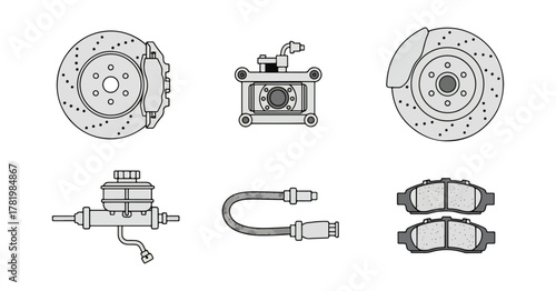 Automotive brake system components illustrated in vector style