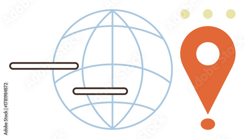 Globe with latitudinal and longitudinal lines, orange geolocation marker, and connecting lines. Ideal for global reach, technology, communication, mapping, navigation, travel universal connection
