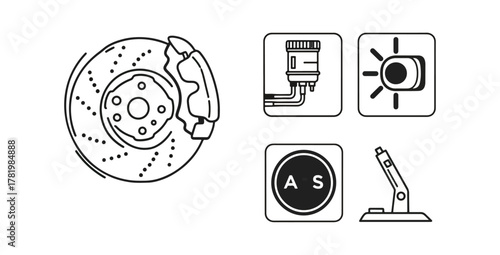 Automotive component icons brake rotor headlight sensor and robotic arm