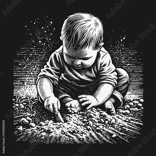 Young toddler sitting on the ground touching the soil with curiosity.
