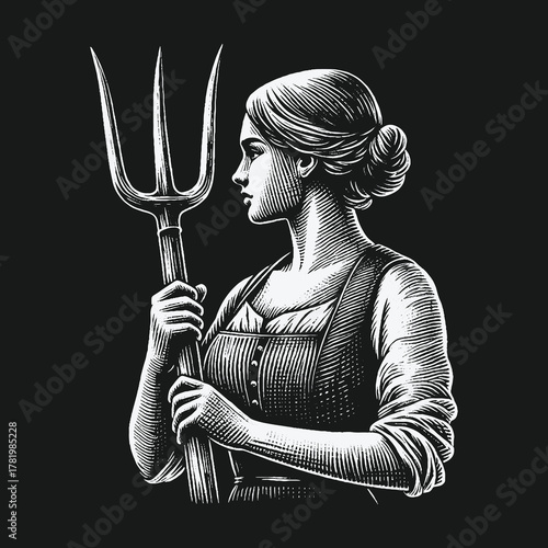Vintage engraving style portrait of a strong farmer woman holding a pitchfork.