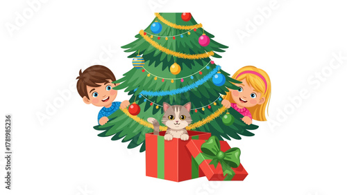 Christmas Morning: Joyful children gather around a beautifully adorned Christmas tree, their faces alight with excitement as a playful kitten in a gift box enhances the festive cheer.