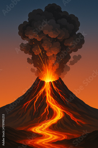 Vector Illustration of Volcano Eruption with bright lava flow