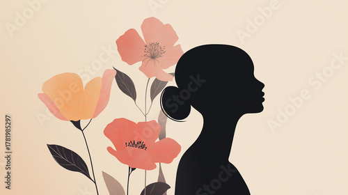 Illustration of a silhouette of a girl next to flowers in different shades of pink