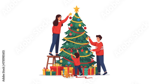 Holiday Harmony: A family joins together to decorate a vibrant Christmas tree with ornaments, surrounded by beautifully wrapped gifts, capturing the warmth and unity of the season.