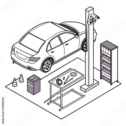 Car repair on lift stand