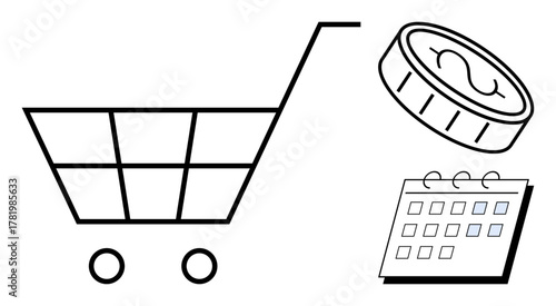 Shopping cart, coin with dollar sign, and calendar highlight budgeting, expense planning, saving, investing, scheduling. Ideal for commerce, economy marketing retail time management