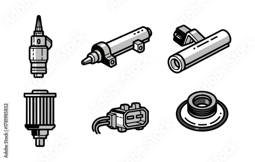 Automotive components illustration black and white vector set