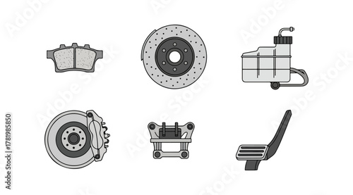Automotive components illustration brake pads rotors and seats