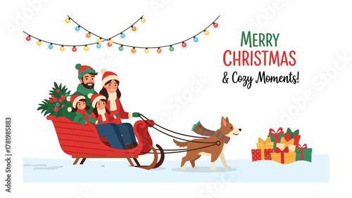 Joyful Family Christmas Adventure: A family embarks on a heartwarming Christmas journey, nestled in a sleigh pulled by a friendly canine.