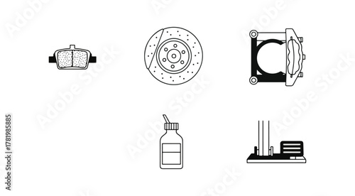 Automotive components illustration brake pads rotors calipers oil bottle and control panel