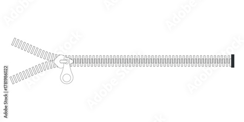 Textile symbol and sign. Zipper closure for clothing. Zipper icon for fashion cloth.  Vector illustration open zipper on white background.

