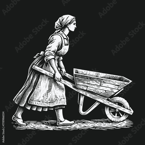 Hand drawn sketch of a female farmer in historical clothing with a wheelbarrow.